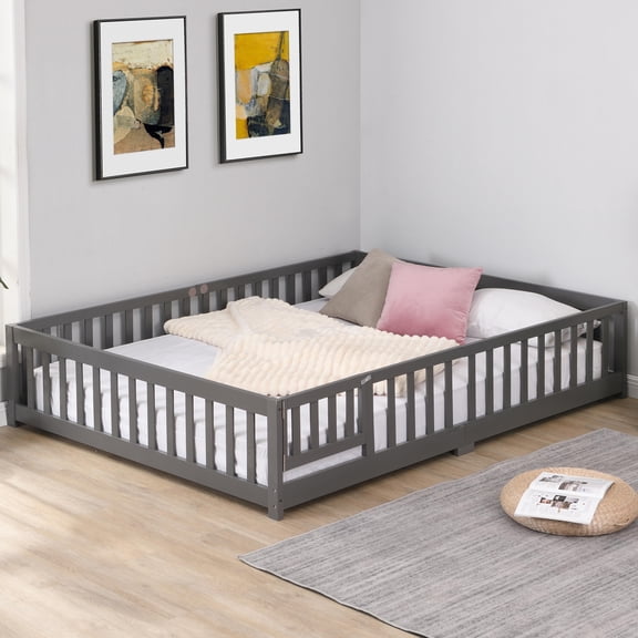 Kumix Floor Bed with Fence and Door, Wooden Queen Floor Bed Frame with Slats Support, Montessori Floor Bed for Boys/Girls, Floor Bed for Bedroom, Noise-Free, Easy Assembly, Gray