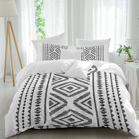 Black White Bohemian Queen Size Comforter Set, Vintage Farmhouse Abstract Tribe Bedding for All Seasons, 4 Pcs Bed Set, 1Quiltcover (90"x92") ,1Sheet(94"x116"), 2Pillowcases (30"x20")