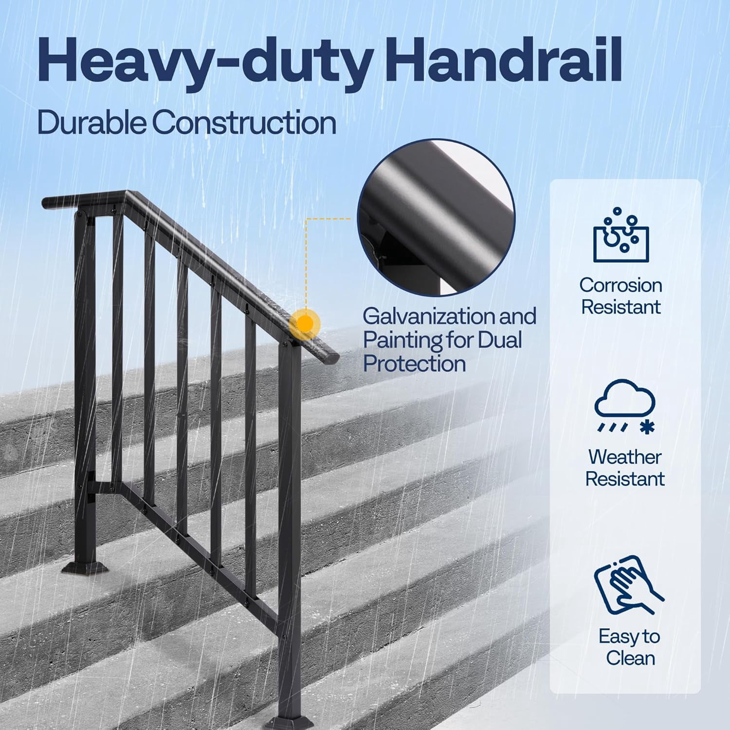 SPECSTAR 2-Pack Outdoor Handrails, 3-Step Galvanized Steel Hand Rails for Outdoor Steps – 27.1" Black Oval and Safety Balusters Exterior Railing Kit for Porch, Deck, or Indoor Stairs