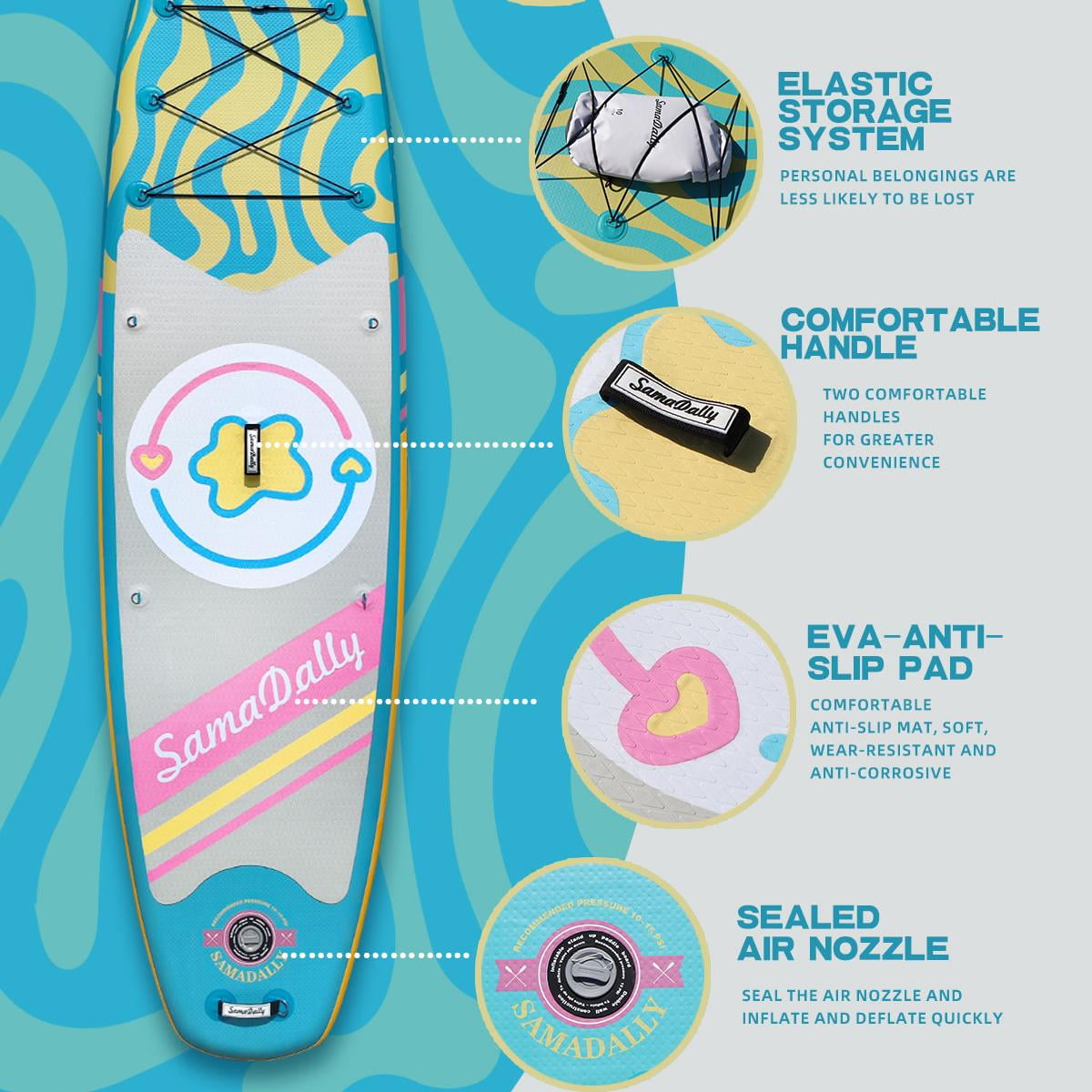 11’*34”*6” Inflatable Stand Up Paddle Board, 350lbs Capicity Paddle Board for Adult & Youth, Sup Board Kayak Non-Slip Stable Deck for Yoga, Fishing, Surfing (Bluish yellow)