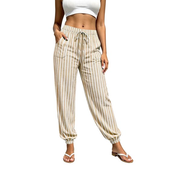 GUACER Jogger Pants for Women Striped Cotton Linen Drawstring Elastic Waist with Pockets Loose Casual Beach Pants