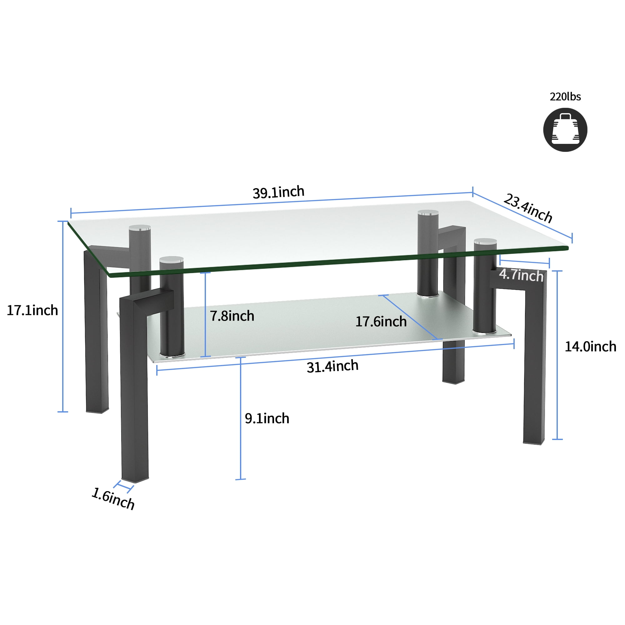 Glass Coffee Table, Modern Side Coffee Table with Lower Shelf, Rectangle Coffee Table for Living Room, Coffee Stand Console Furniture