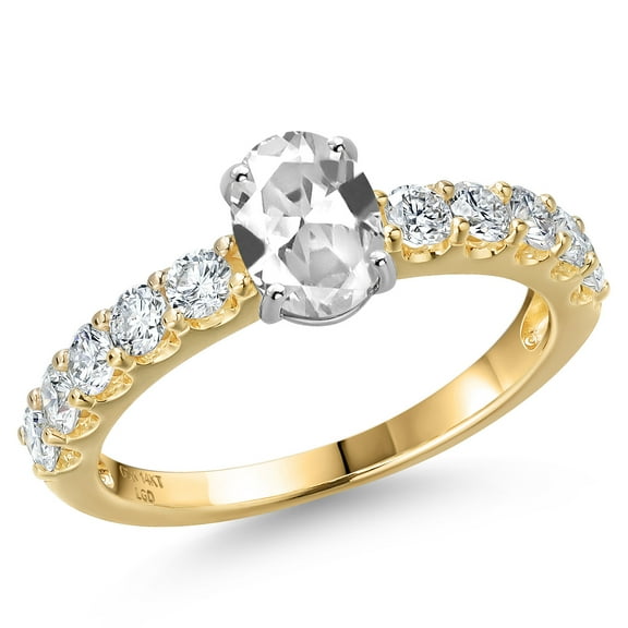Gem Stone King 14K Two Tone Gold White Created Sapphire and Lab Grown Diamond Engagement Ring for Women | 1.65 Cttw | Oval 7X5MM | Gemstone September Birthstone | Size 9