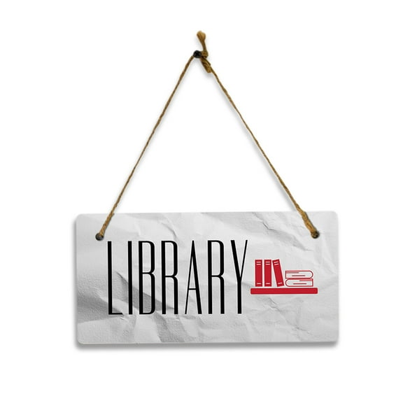 Library (Crumpled Paper) 5x10 Hanging Plus Wall or Door Sign | Rustic Twine | Range of Vibrant Decor Styles | Room Signs For Home and Business