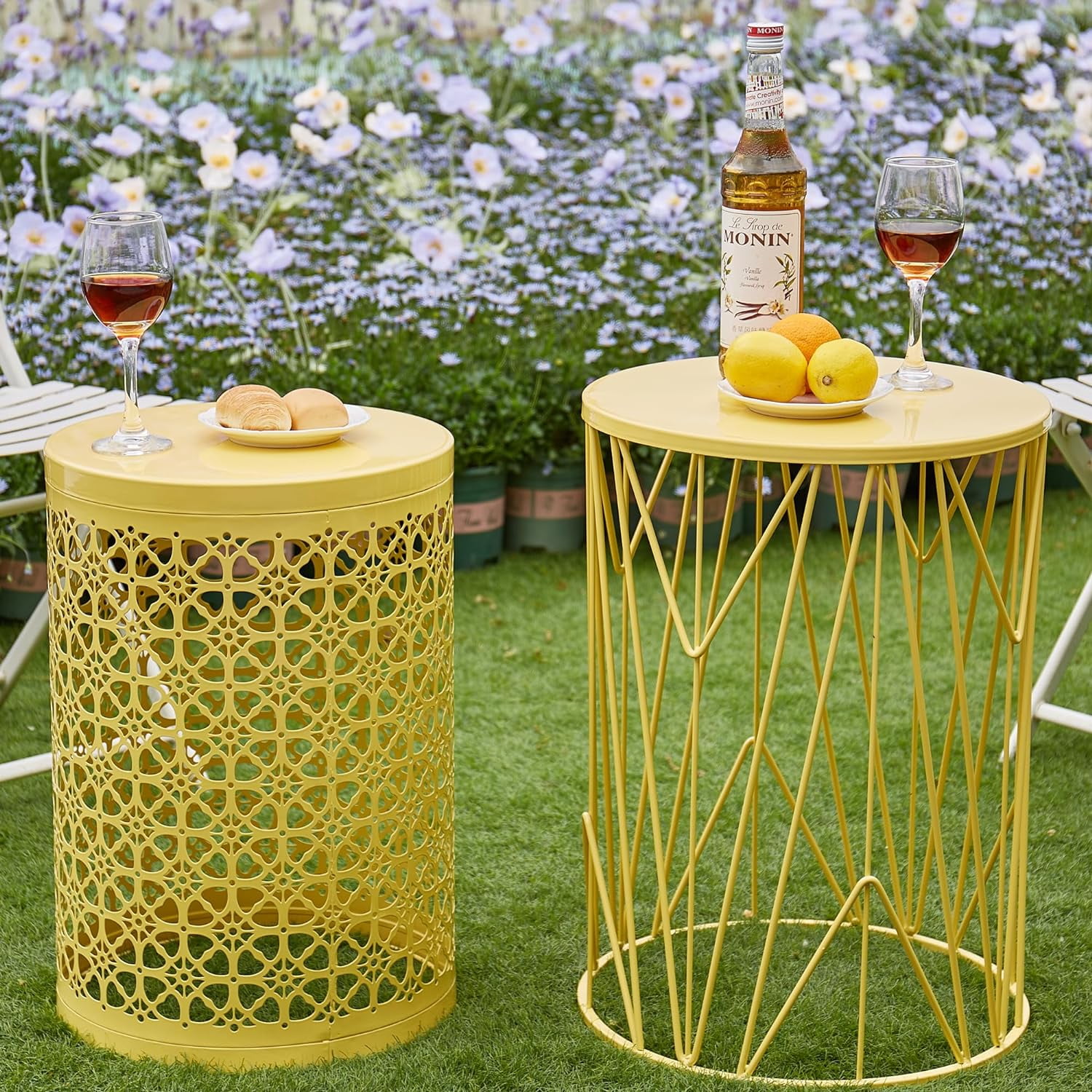 Y&M Indoor Outdoor Chic Metal Round End Table, Flower Yelow