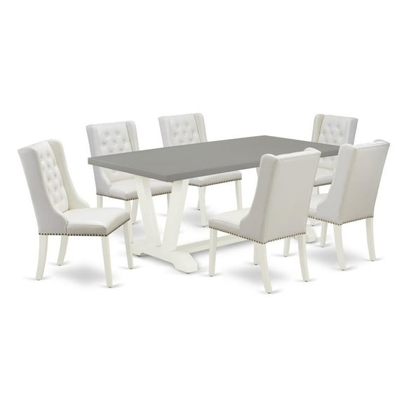 East West Furniture V-Style 7-piece Wood Dining Room Table Set in White/Cement