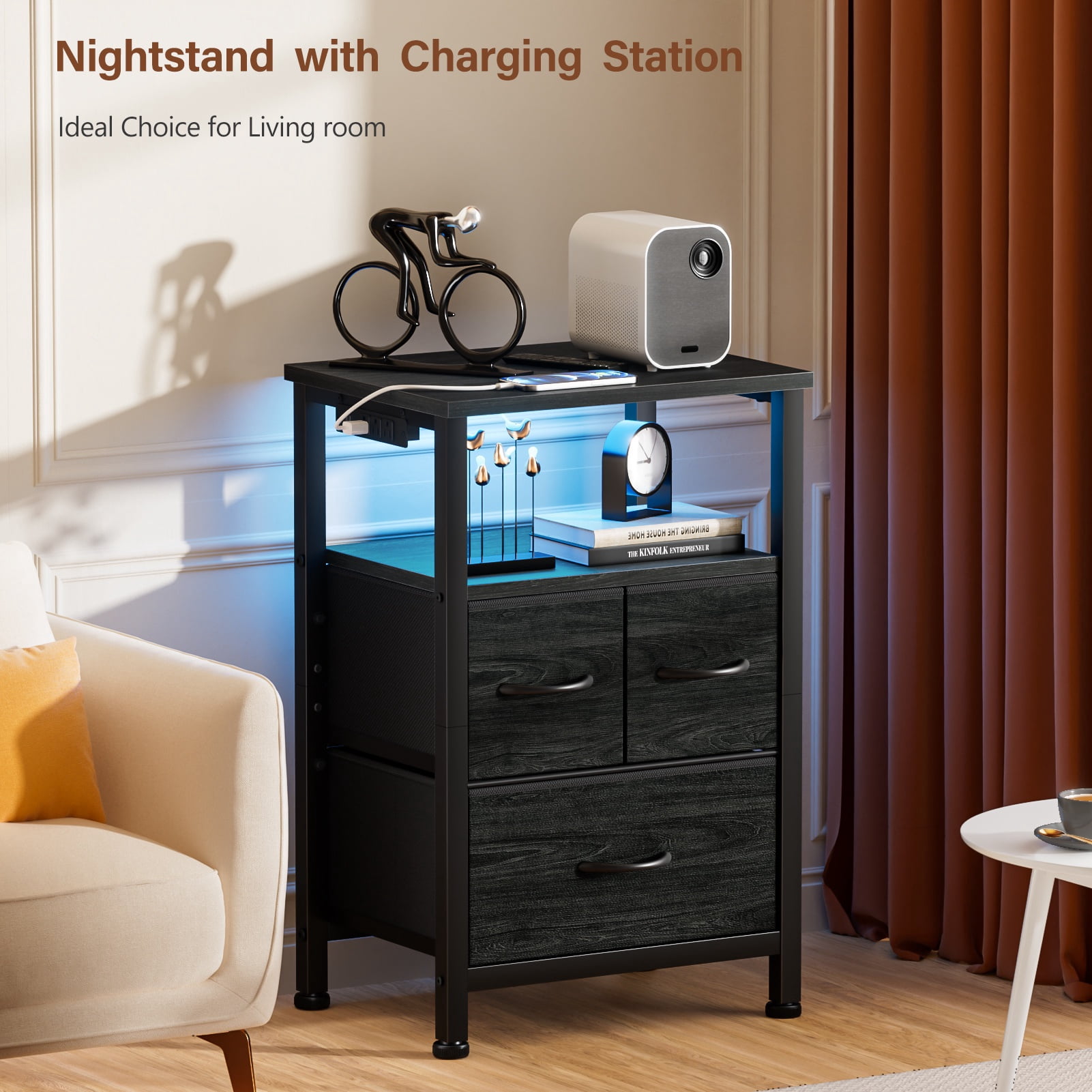 Satifur Nightstand with Charging Station and LED Lights,  Chest of 3 Fabric Drawers, Black