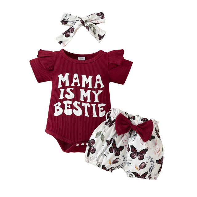 Gupgi Bébé Fille Tenue d'Été Manches Courtes Nervurée Romper + Papillon Short + Bandeau 2Pcs Ensemble Bébé