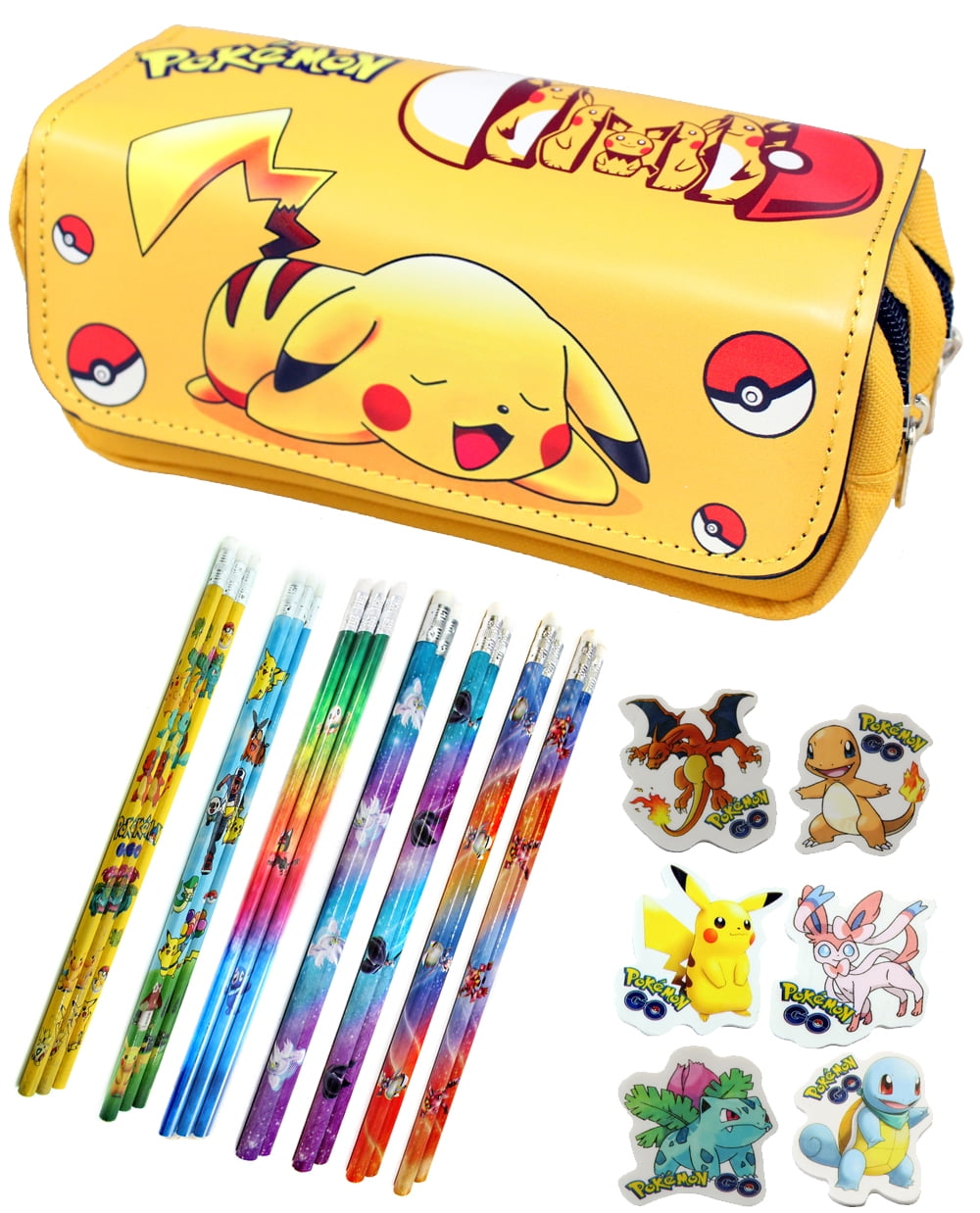 Pokemon Pencil Case Pikachu with 3 Pokemon Pencils and Erasers Yellow
