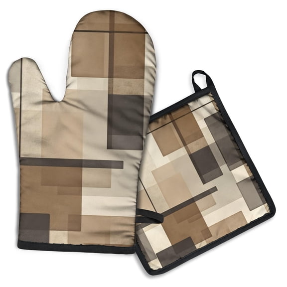 Brown and Grey Abstract Art Artwork Kitchen Oven Mitt and Pot Holder Sets 2 Pcs for Baking, Cooking and Grilling, Heat Resistant Up To 392 °F