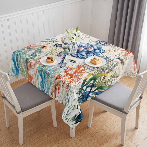 Coastal Sea Turtle Table Cloth Waterproof Tablecloths, Rustic Vintage Nautical Starfish Coral Tablecloth Dining Table Cover for Kitchen Party Tabletop Outdoor, Square Tablecloth 54x54 Inch