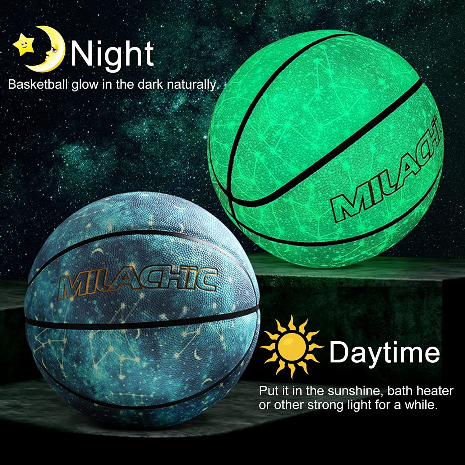 Milachic Glow in The Dark Basketball Indoor-Outdoor Light up Green Basketball Official Size 7 29.5in Leather Glowing Basketball Gifts with Pump for Kids Men Night Training Game 