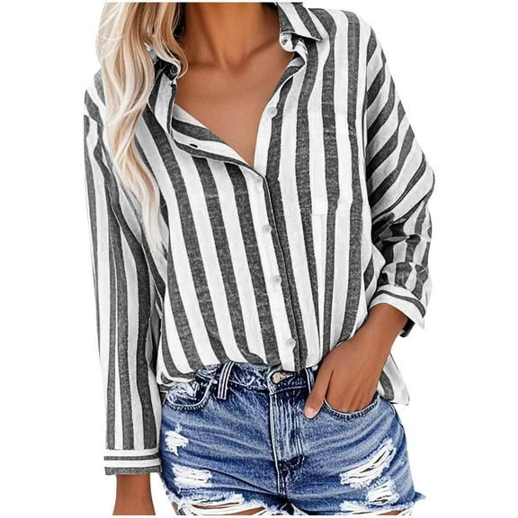 Fancifize Women Striped Cotton Linen Shirts Long Sleeve Button Down Blouse Casual Loose Fall Fashion Outfits