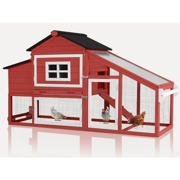 MEDEHOO Chicken Coop Expandable Chicken House for Outdoor with Wheels Nesting Box, Leakproof Pull-Out Tray & UV-Resistant Roof Panel, Red