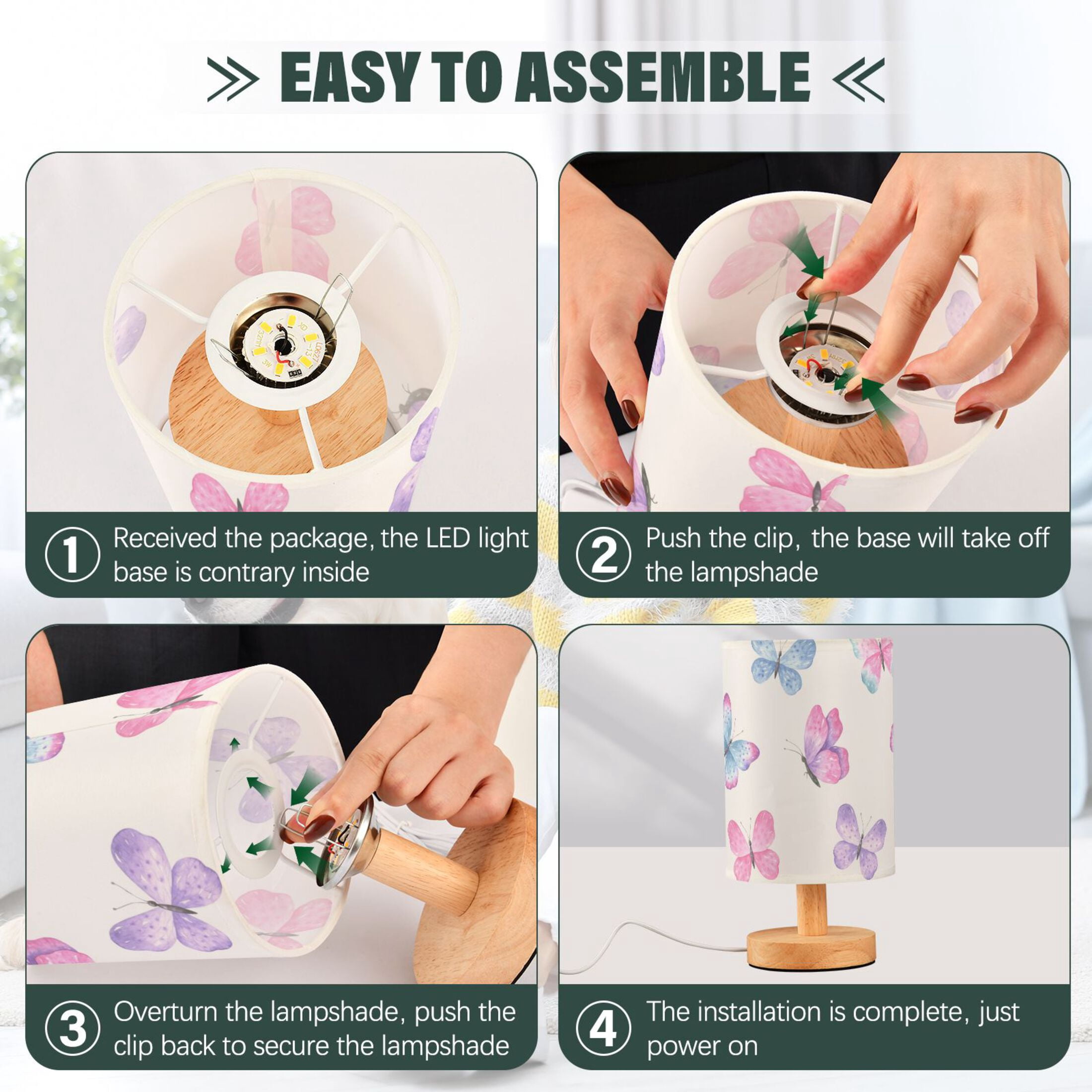 Cute Pink Butterfly in White Bedside Table Lamp LED Warm Lights with USB Charging Port Retro Cylinder Desk Lamps