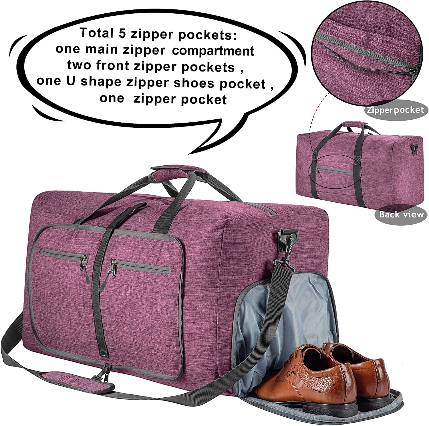 Ht Viik 65L/85L Foldable Travel Duffle Bag, Lightweight Checked Luggage with Shoe Compartment, Water-Resistant Weekender Overnight Bag for Men & Women