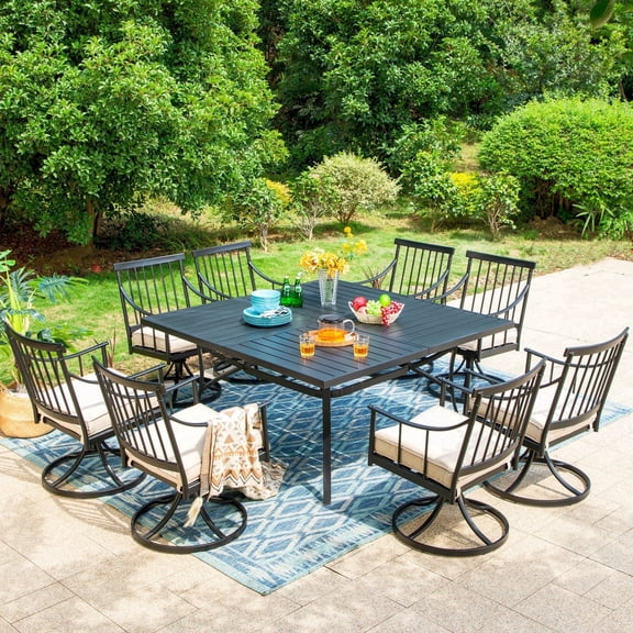 9-Piece Outdoor Patio Dining Set with Large Square Table & Swivel Chairs for 8-Person, All Weather, Black & Beige