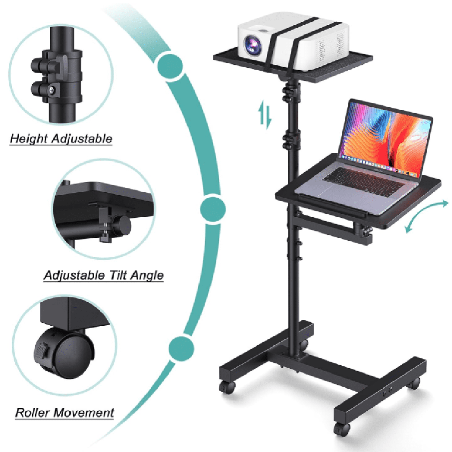 2 Shelves Projector Stand Tripod, Height Adjustable Max 64", Mobile Laptop Cart on Wheels Projector Tripod Stand, Overbed Table with Wheels, Rolling Laptop Floor Stand for Couch