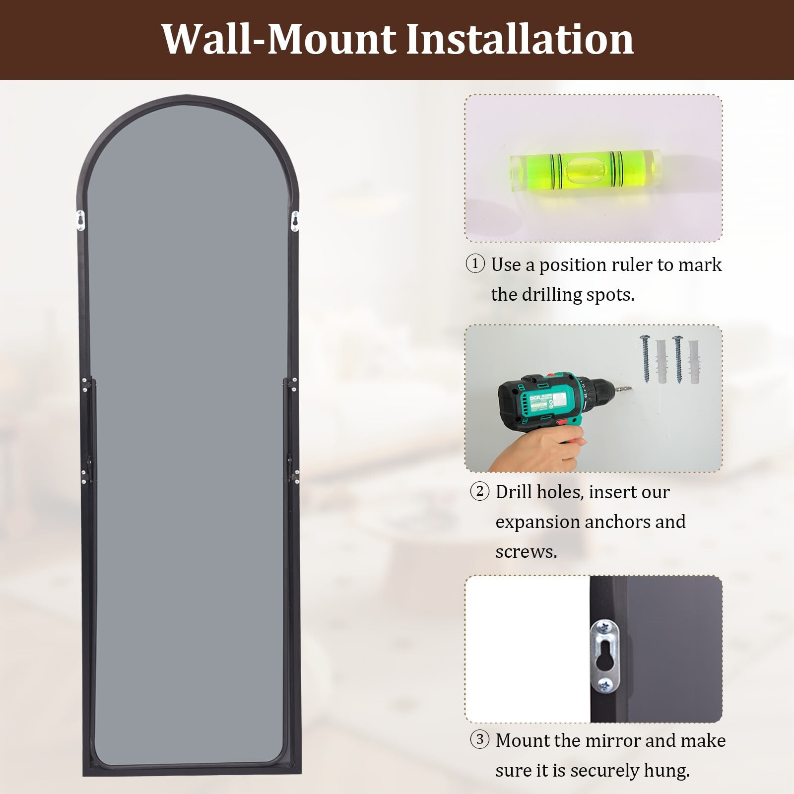 Easy4Home 58"x19" Arched Full Length Mirror with Aluminum Alloy Frame Freestanding Floor Dressing Mirror, Black