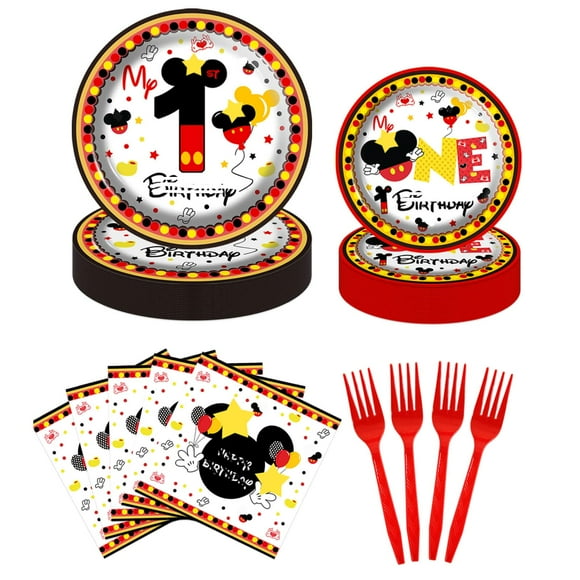80pcs Red Cartoon Mouse 1st Birthday Party Plates Mouse One Birthday Dessert Plates Napkins Forks Tableware Kit for Mickey Theme Boys 1st Birthday Party Decorations Supplies-20 Guests