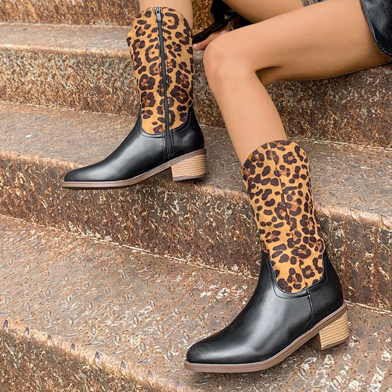 Teacher Appreciation Gifts POROPL Brown Knee High Heel Boots Women Winter Knee High Mid Heel Side Zipper Leopard Print Boots for Lady Size 40(US:7.5)