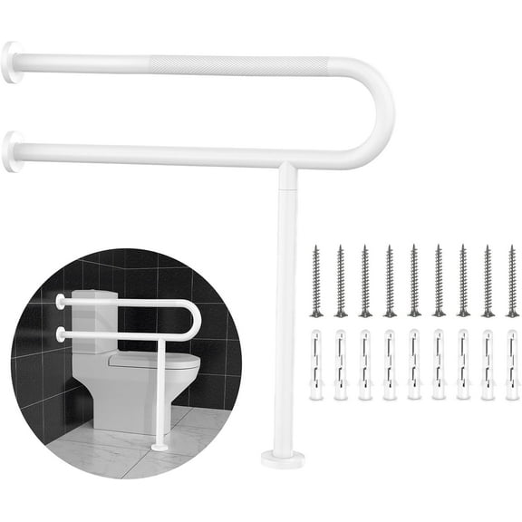 Toilet Grab Bar 31.3 Inch, ZUEXT Wall to Floor White Bathroom Safety Bar w/Anti-Slip Knurled Grip, Stainless Steel Handicap Grab Bar with Leg, Shower Bathtub Support Bar for Disabled Elderly Pregnant
