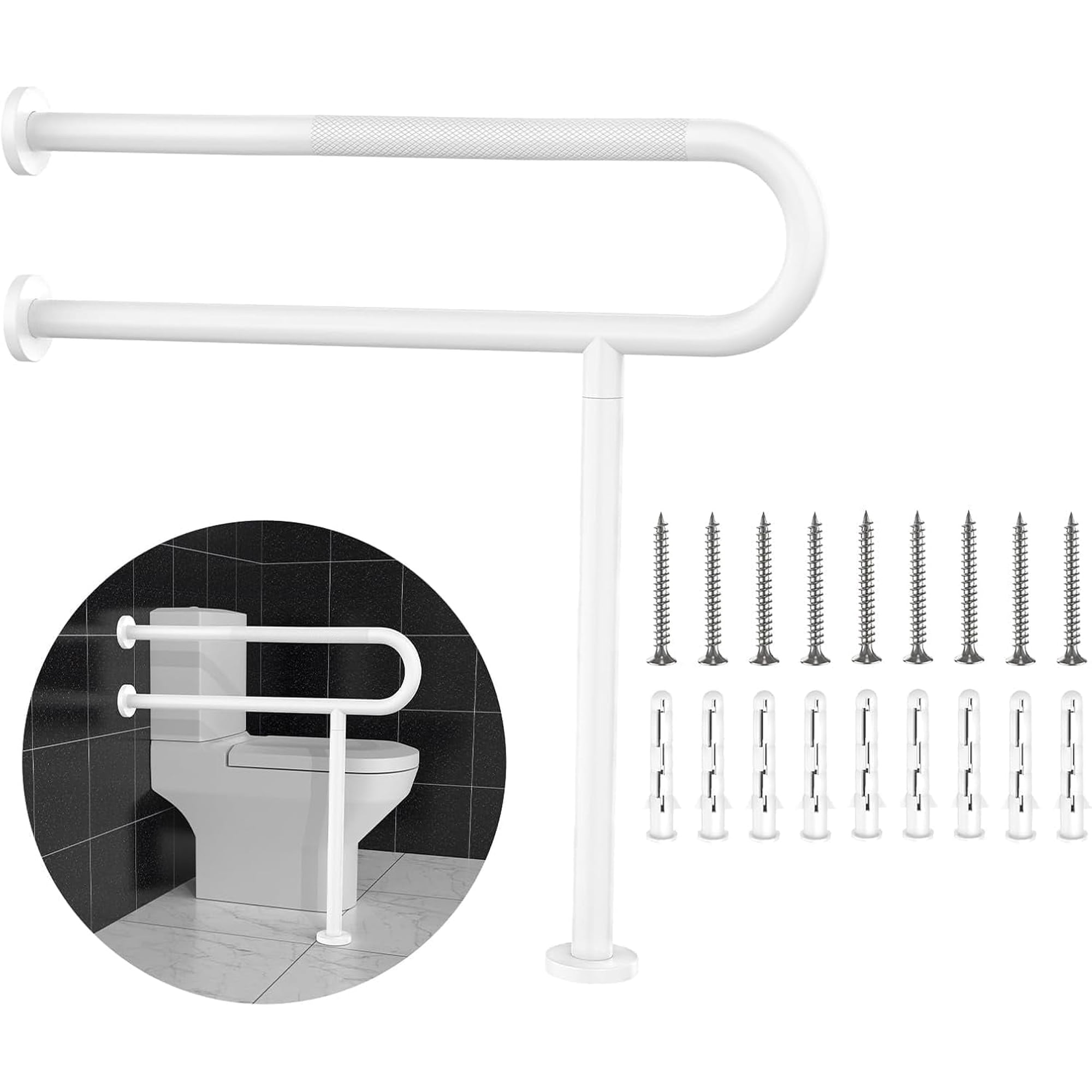 Toilet Grab Bar 31.3 Inch, ZUEXT Wall to Floor White Bathroom Safety Bar w/Anti-Slip Knurled Grip, Stainless Steel Handicap Grab Bar with Leg, Shower Bathtub Support Bar for Disabled Elderly Pregnant