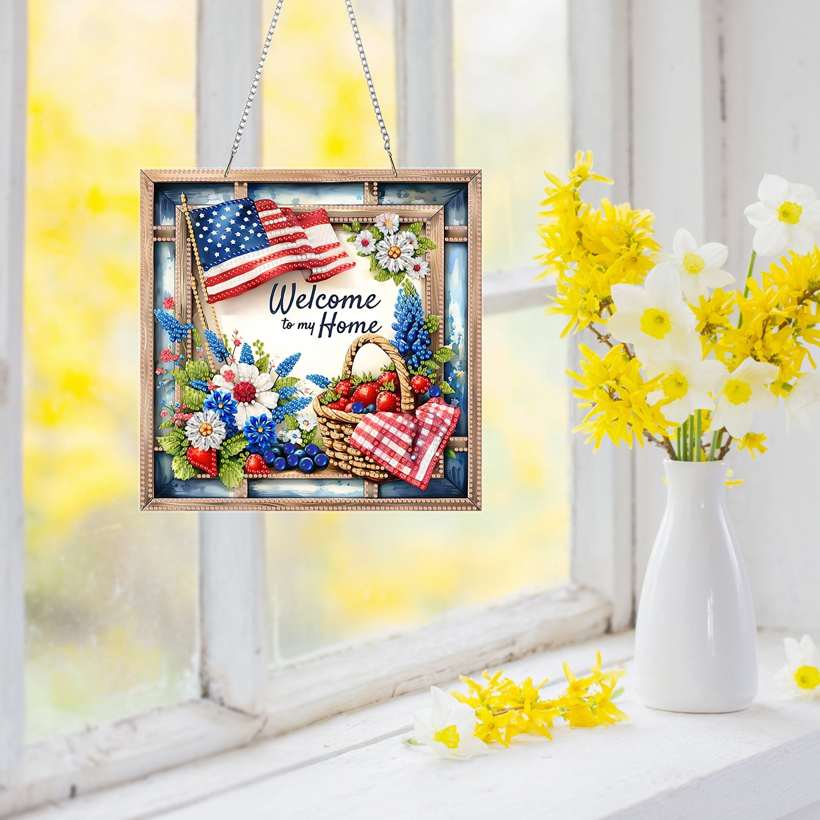FLOPESN DIY Diamond Art Painting Creative,9.84*9.84in American Flowers Design, Acrylic Material Irregular Shape Home Decoration Pendant