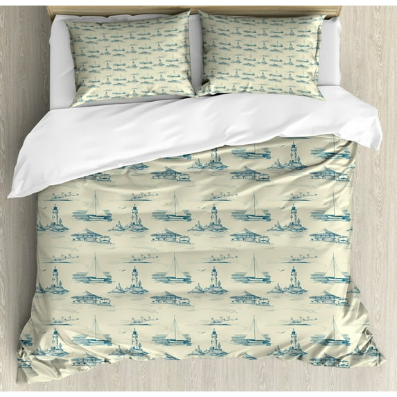 Lighthouse Duvet Cover Set Queen Size, Hand Drawn Beach Pattern Summertime Illustration Vacation Tourism Elements, Decorative 3 Piece Bedding Set with 2 Pillow Shams, Beige Dark Blue, by Ambesonne