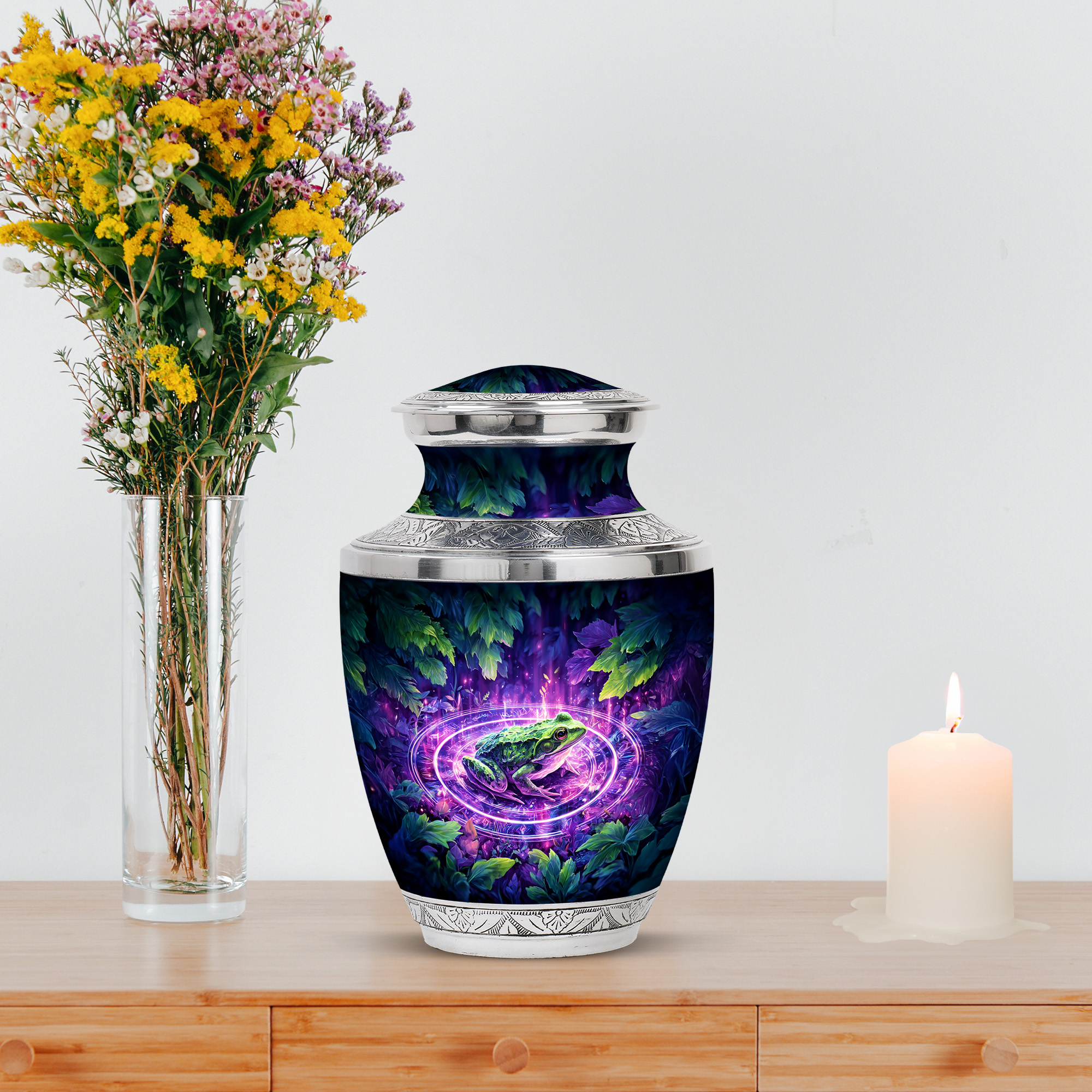 MUKTIVE Frog Memorial Urn for Human Ashes for Adult Cremation, Decorative Blue Urns for Mom Burial, Large Unique Green leaves Urns for Funeral, Cremation Urn for Men, 10 Inch