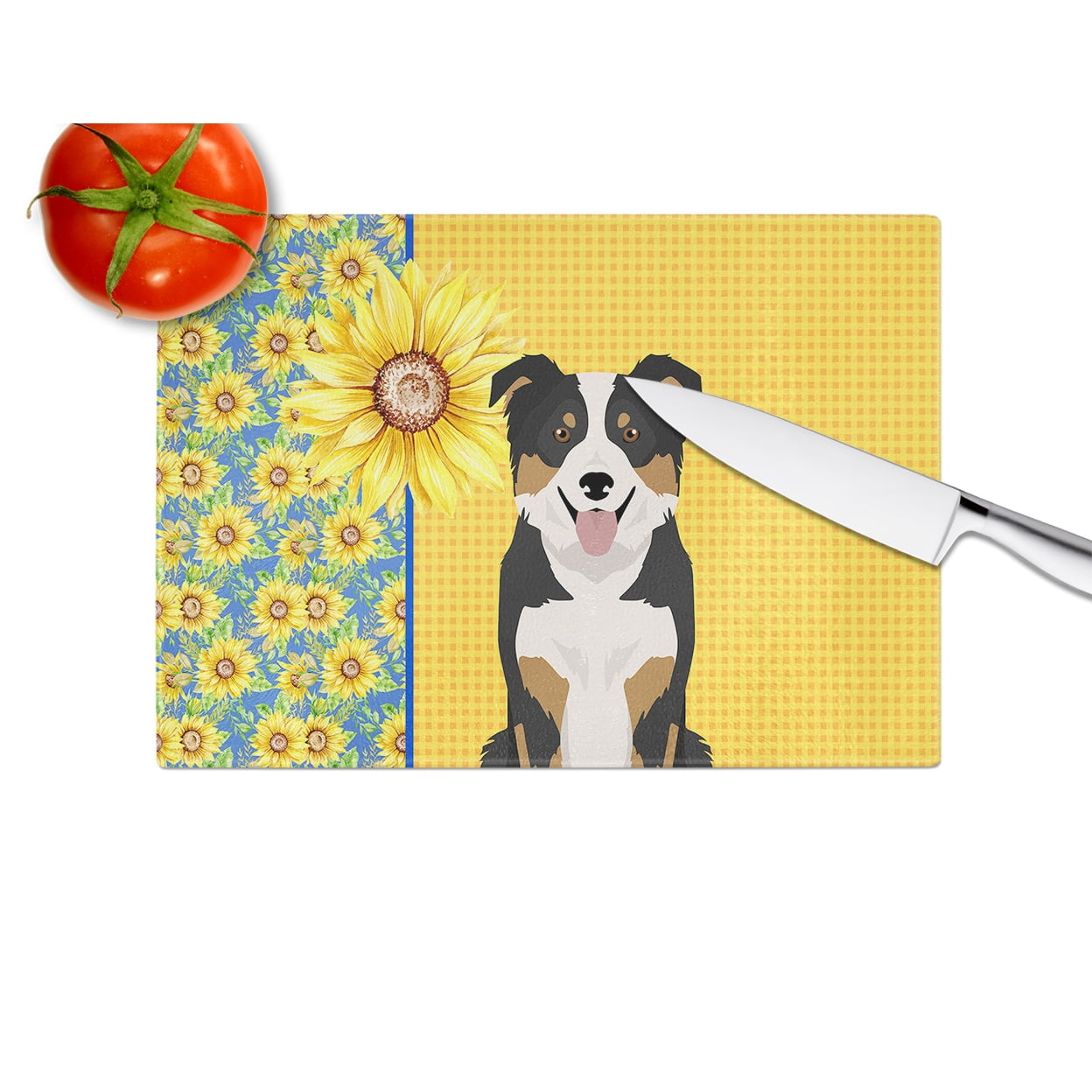 Summer Sunflowers Tricolor Border Collie Glass Cutting Board Large 12 in x 15 in
