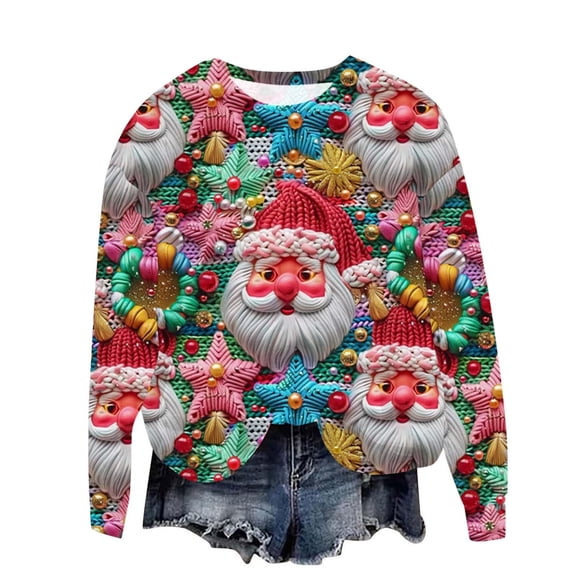 Christmas Sweatshirt for Women Funny Santa Claus Graphic Pullover Tops Casual Long Sleeve Crewneck Xmas Shirt