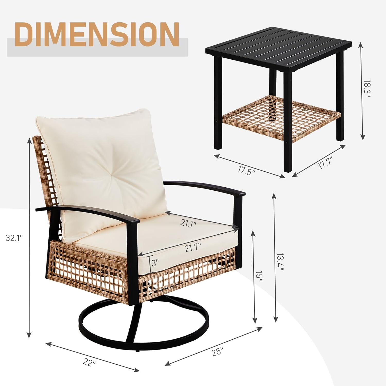 VINGLI 3 Pieces Outdoor Swivel Rocker Patio Chairs, Wicker Patio Bistro Set with 2 Rocking Chairs and 1 Coffee Table, Patio Furniture Set with Thickened Cushions for Porch Backyard Poolside