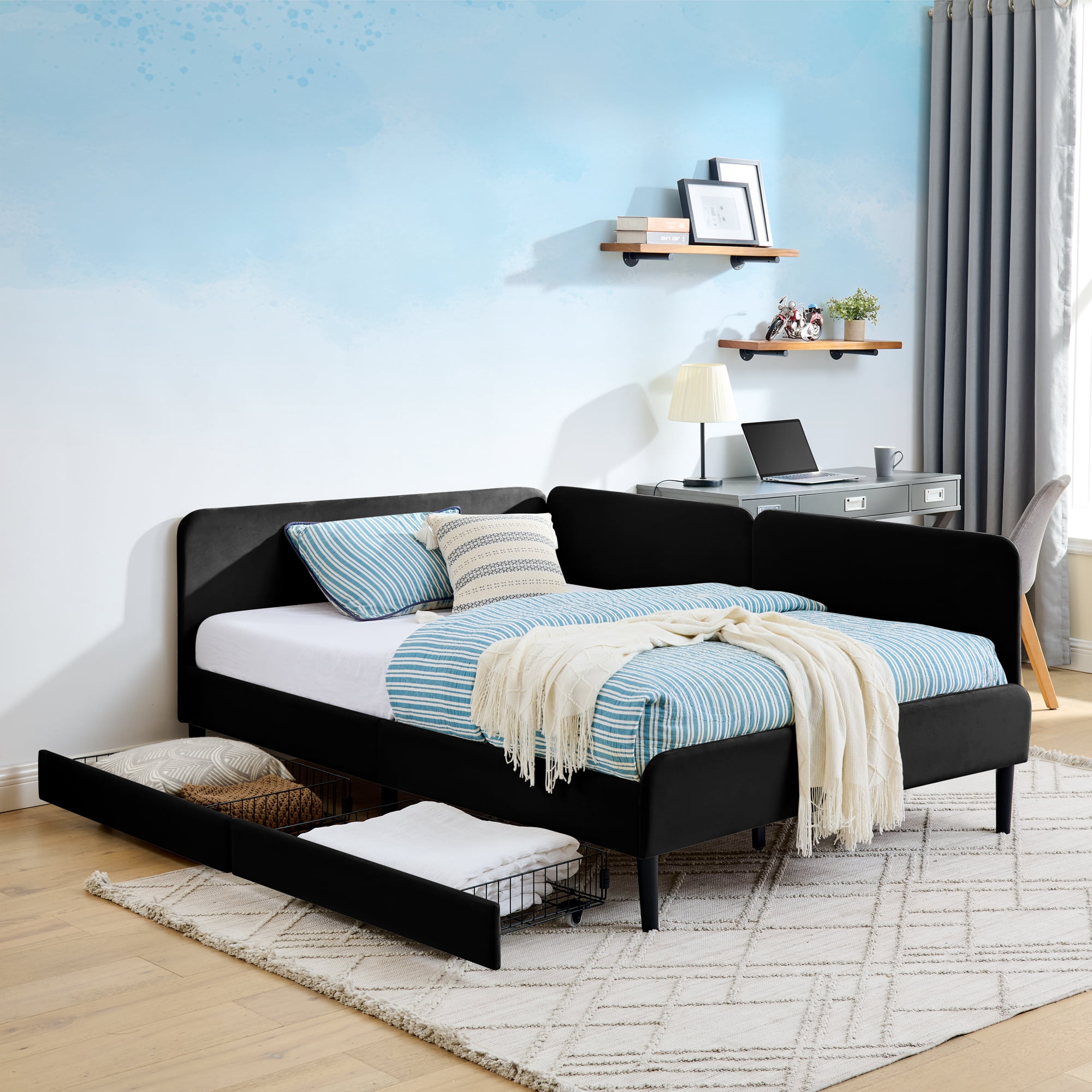 Gewnee Full Size Upholstered Velvet Daybed with 2 Storage DrawersSpace-Saving Sofa Bed for Guest Room or Apartment