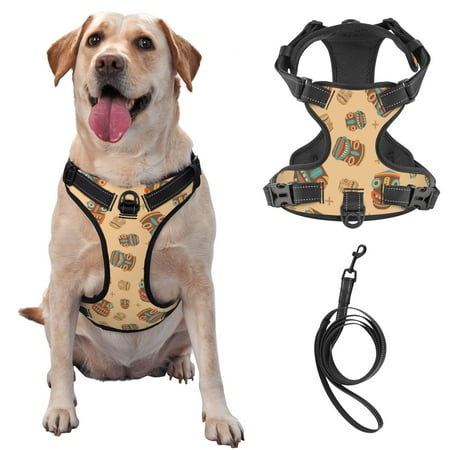 TEQUAN Medium Dog Harness with Leash Tribal Totem Tiki Masks Prints Reflective No Pull Adjustable Pet Vest (M)