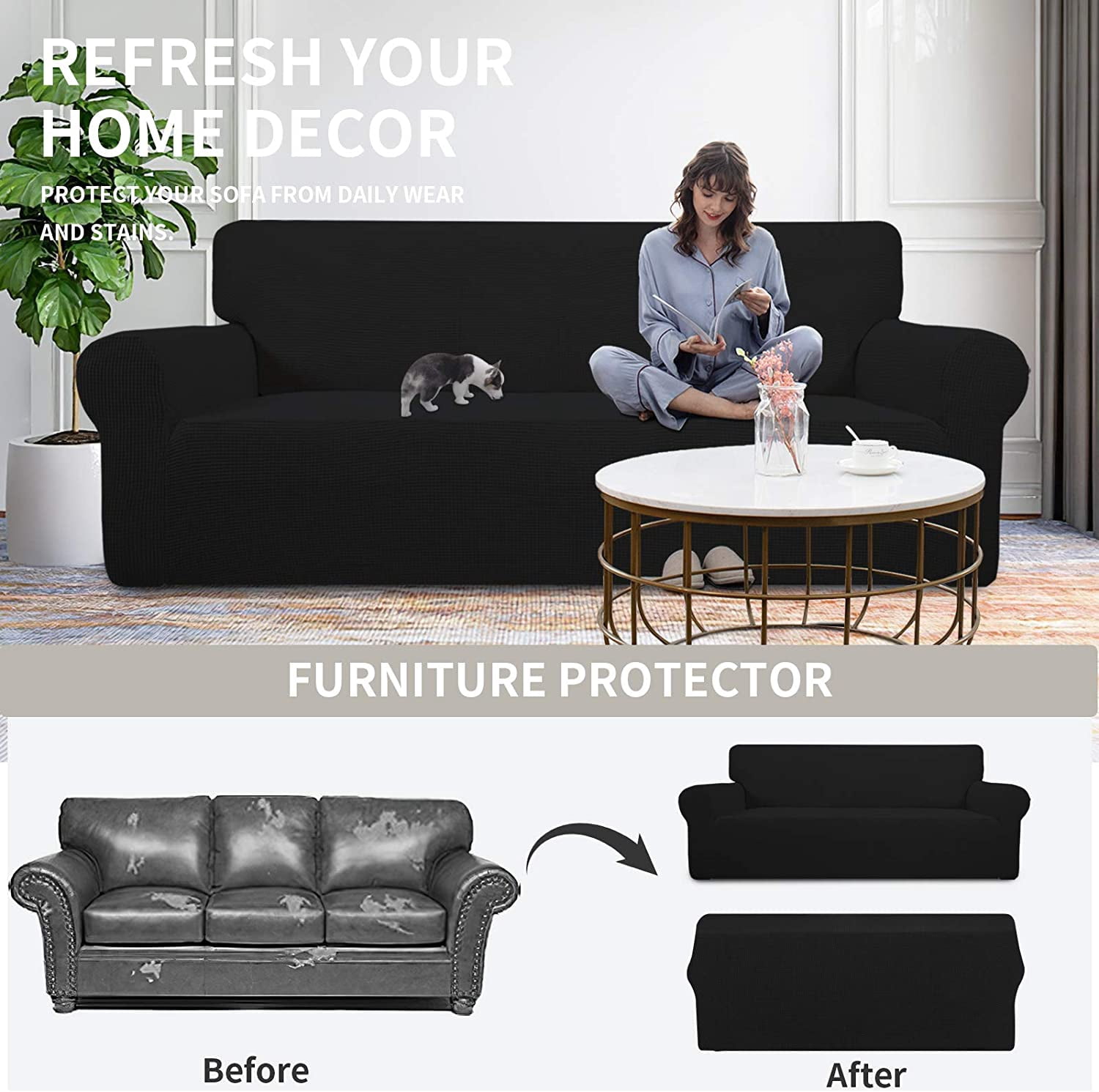 Wehilion Stretch Oversized Sofa Slipcover 1-Piece Sofa Cover Furniture Protector Couch Soft with Elastic Bottom for Kids, Polyester Spandex Jacquard Fabric Small Checks Christmas Red