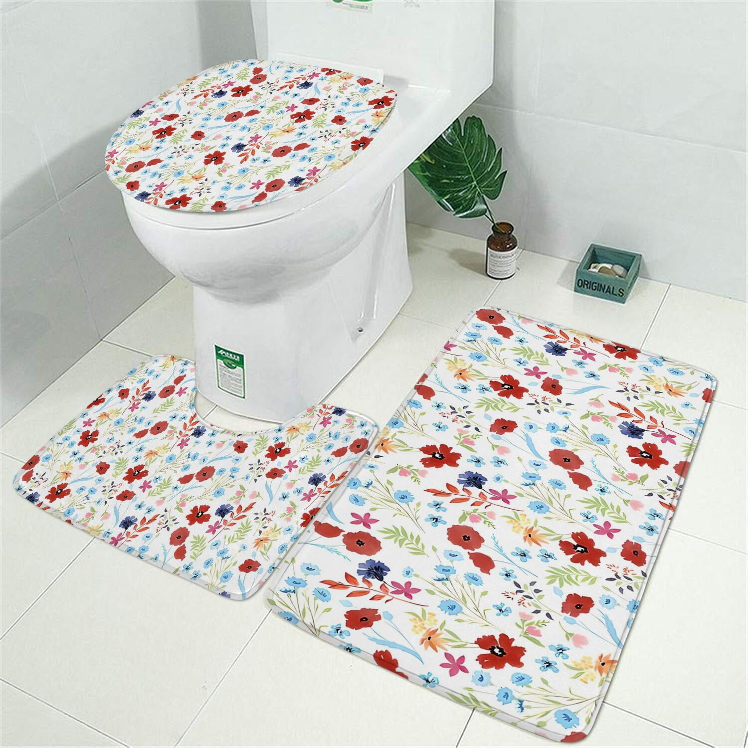 Pioneer Flower Floral Print Pattern Bathroom Rugs Sets 3 Piece,Toilet Cover Set,Absorbent Non Slip Bathroom Mats Sets with U-Shaped Contour Rug Toilet Rug Set