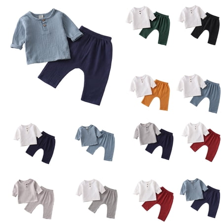 Little Boys Outfit Sets 2 Piece Spring Summer Loose Solid Color Long Sleeve Henley T-Shirt Cropped Pants Casual Wear Size 4-5Y