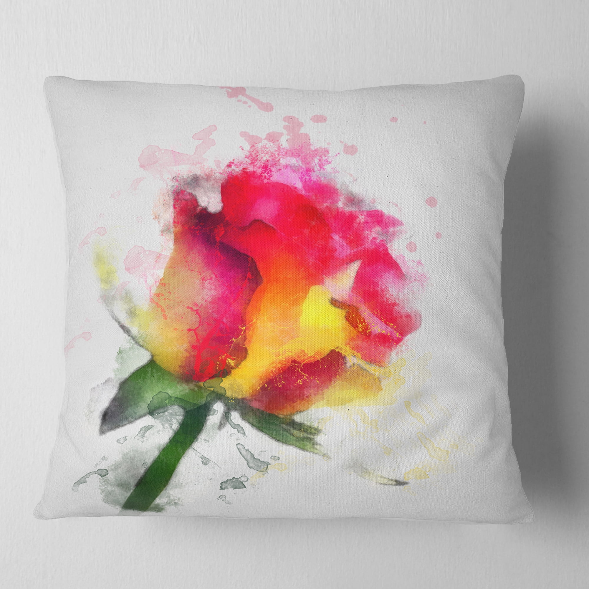 Designart Red Hand drawn Rose Watercolor - Flowers Throw Pillowwork - 16x16