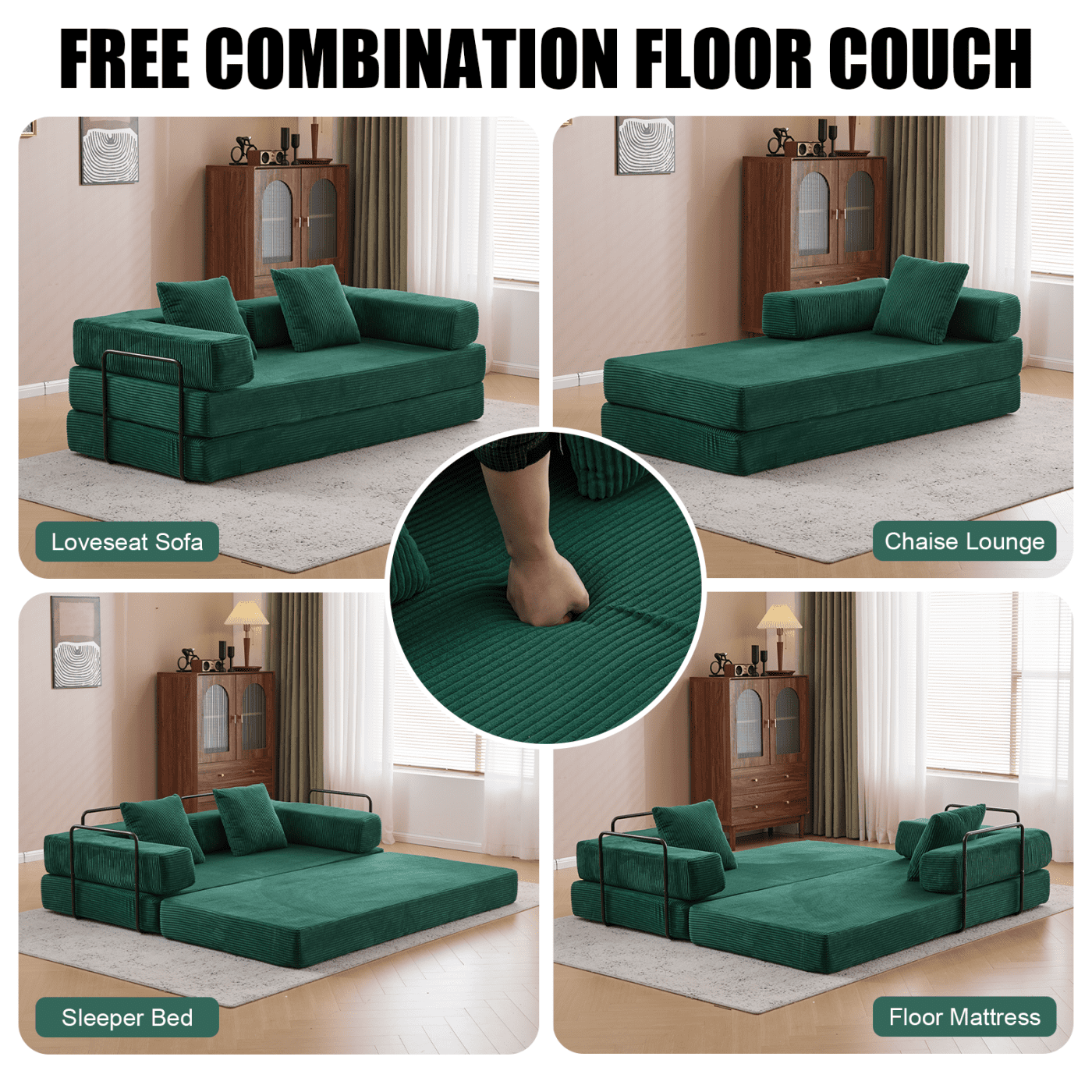 Jopath 76 Inch Convertible Sleeper Sofa Bed,Folding Floor Mattress Couch with Fixed-Shape Frame,Futon Boneless Couch Lounge Loveseat with Pull Out Bed, No Assembly Required,Dark Green+Corduroy