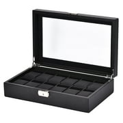 12 Slot Watch Box for Men PU Leather Display Case Metal Buckle Clear Lid Wrist Watch Organizer