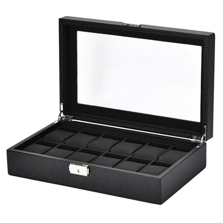 12 Slot Watch Box for Men PU Leather Display Case Metal Buckle Clear Lid Wrist Watch Organizer
