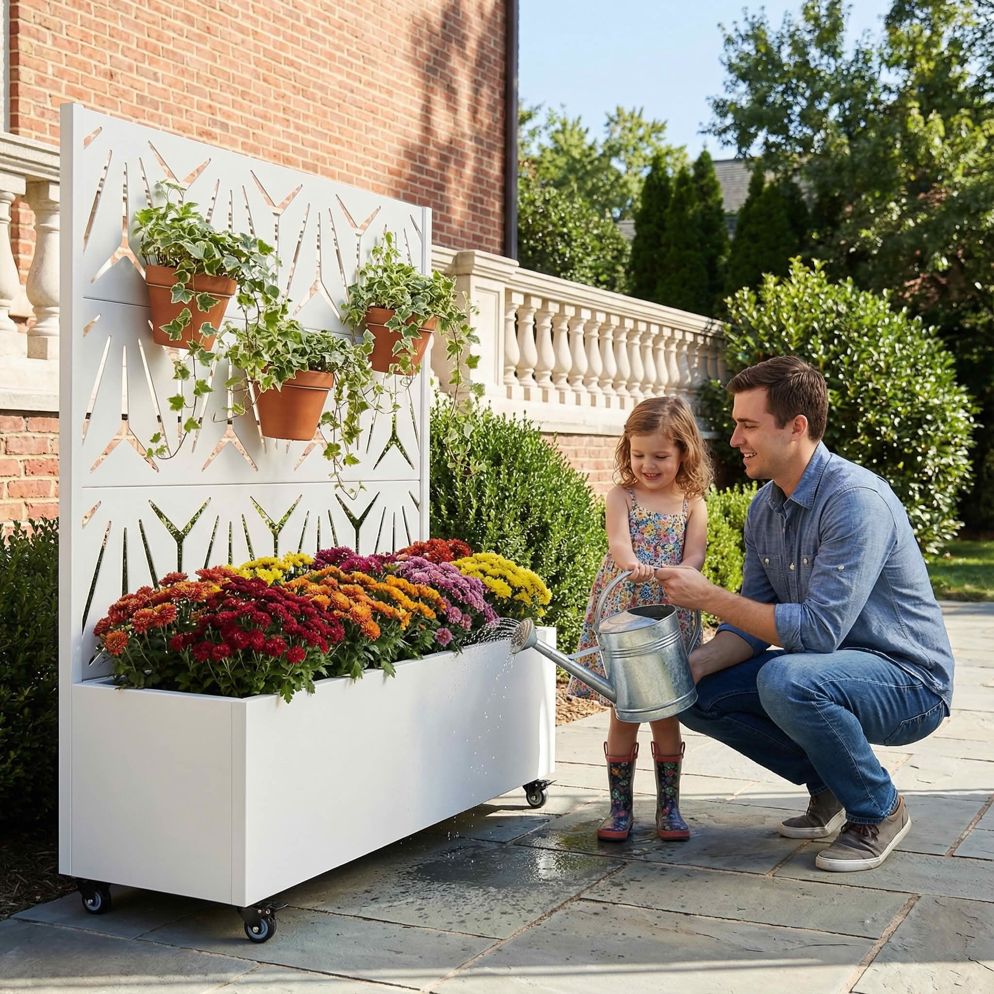 MAYEERTY 47X47" Metal Outdoor White Privacy Screen with Planter Box for Backyard & Garden, 3 Piece Set