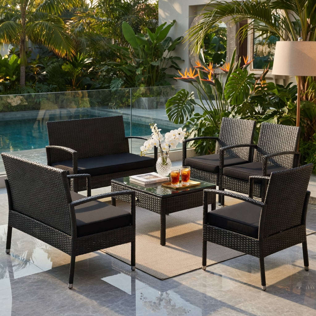 Hommoo 4-Piece Outdoor Rattan Patio Furniture Set with Cushions, PE Wicker Loveseat, Chairs & Coffee Table for Backyard, Balcony, Deck, Black