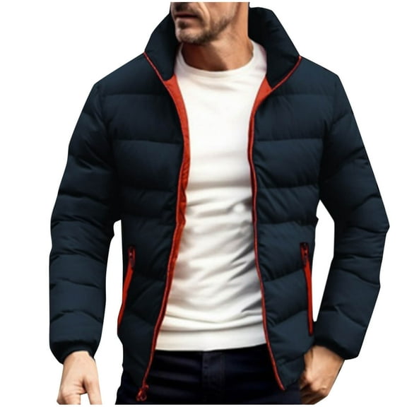 KeShDi Leather Jacket Mens Fleece Jacket Men Casual Solid Zipper with Pockets Long Sleeve Stand Collar Padded Jacket Dark Blue 2X
