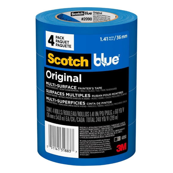 Scotch Ruban pour Peintre ScotchBlue Original Ruban pour Peintre, Multi-Surface, 36 mm (4 Rouleaux) - 2090-1,41 Po X 60 Verges, Bleu (209