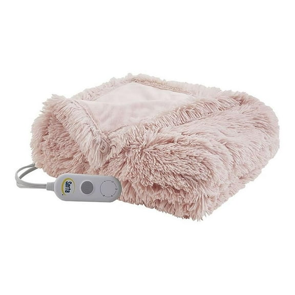 Pemberly Row Polyester Fabric Shaggy Fur Heated Electric Throw in Pink