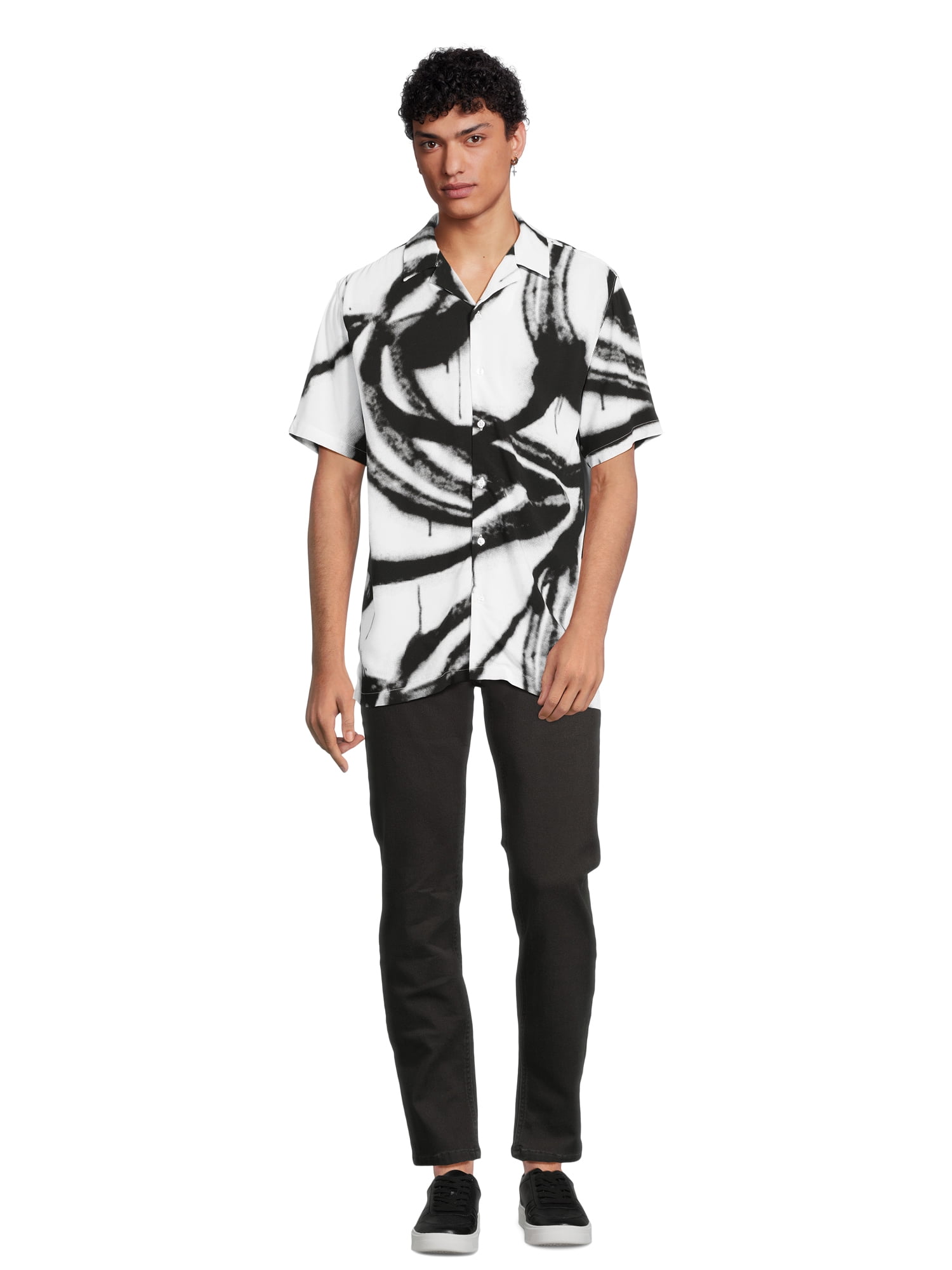 No Boundaries Men's Print Button Up Shirt with Short Sleeves, Sizes XS-3XL