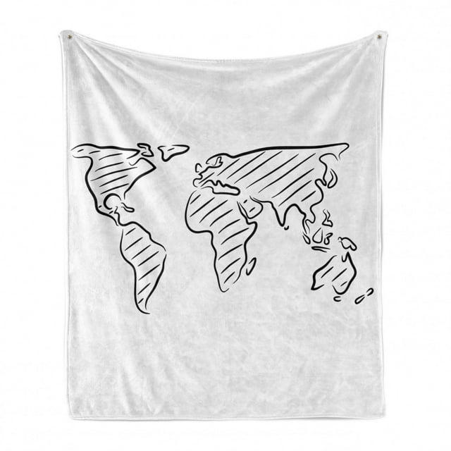 World Map Soft Flannel Fleece Blanket, Illustration of Outline Sketch of the World Map in Drawing Effect Artwork Print, Cozy Plush for Indoor and Outdoor Use, 60" x 80", Black White, by Ambesonne