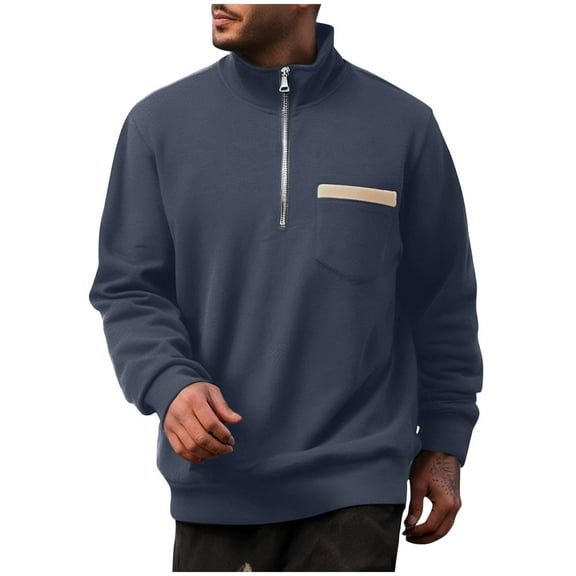 Fleece Lined Sweatshirts for Men with Zipper and Pocket Long Sleeve Shirts Mens Casual Solid Color Pullover Mock Neck Athletic Workout Sweatshirt Tops